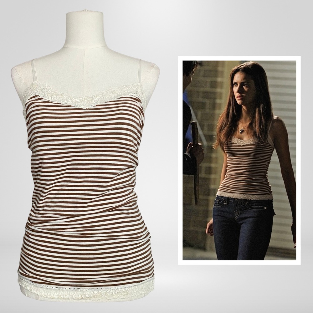 Y2K Aeropostale Lace Trim Cami Top L Brown White Stripe Bella Swan Elena Gilbert